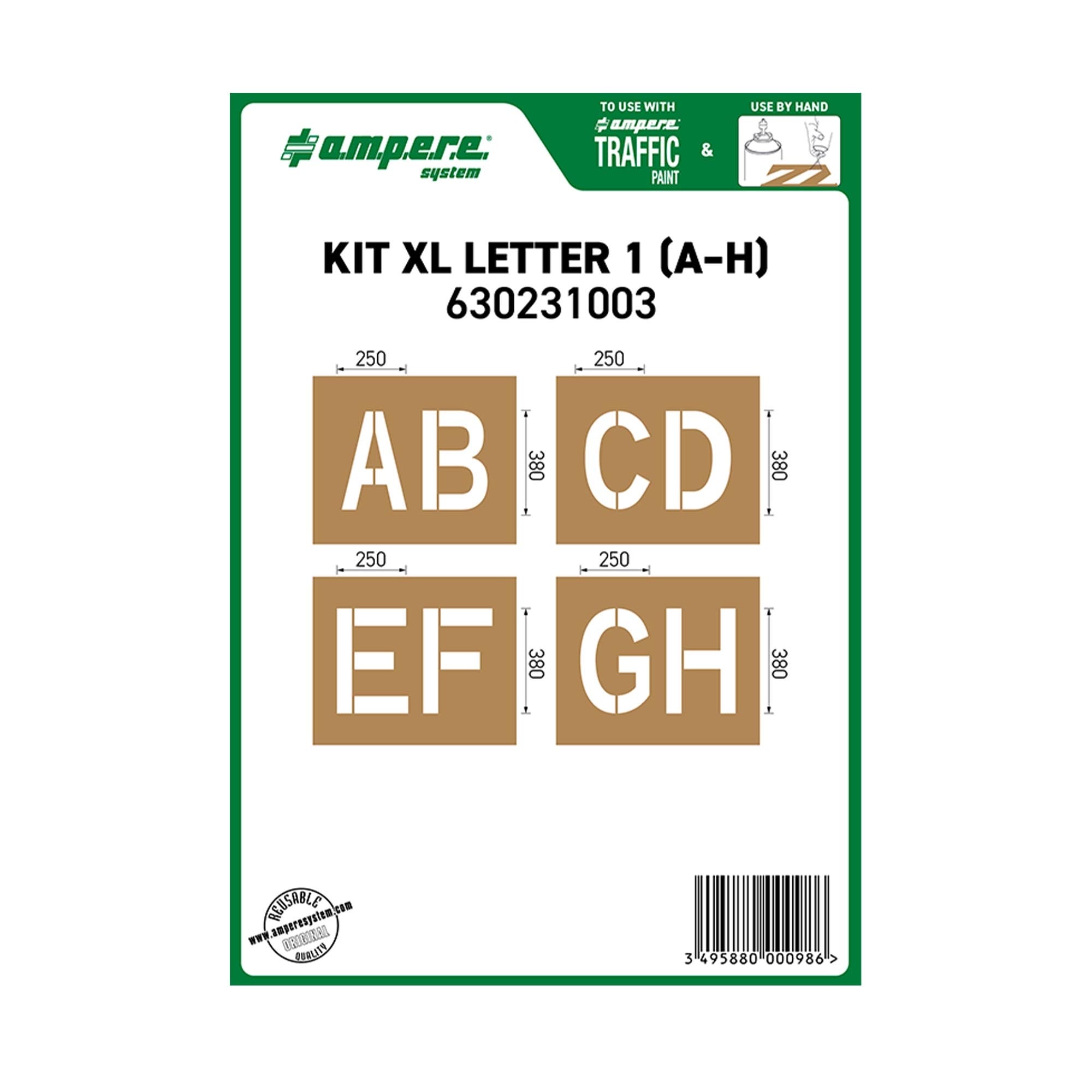 Schablonen KIT XL Buchstaben: Paket mit Karton-Schablonen für Buchstaben A bis H, deutlich sichtbar auf der Verpackung.