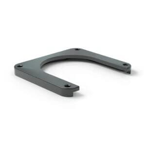 Graue, U-förmige Rack-Mammut Montageplatte 140 aus Metall mit abgerundeten Ecken und vier Schraublöchern auf weißem Hintergrund.