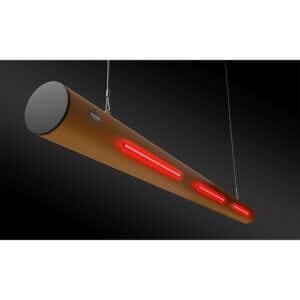 Zylindrisches Deckenladegerät mit roten Elementen, hängt an zwei Kabeln vor dunklem Hintergrund, Rack-Mammut Alarm Höhenbegrenzer.