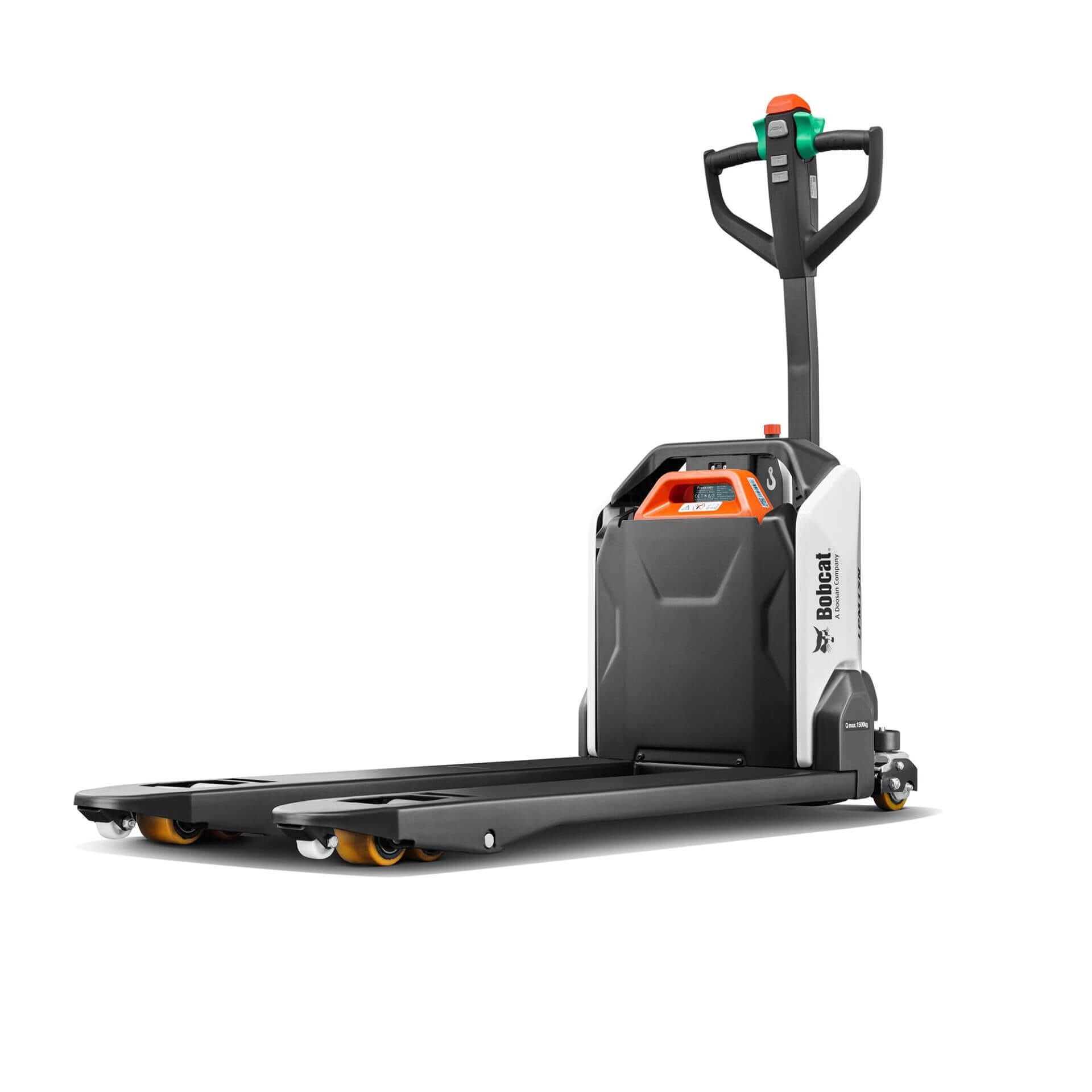 Bobcat Elektrohubwagen LPM15N, schwarz-weißer elektrischer Palettenhubwagen mit senkrechtem Griff auf weißem Hintergrund.