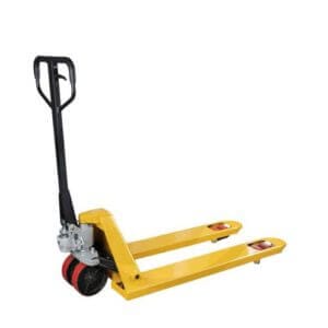 Gelber Gabelhubwagen Typ HPT-A mit schwarzem Griff und roten Rollen für Paletten-Transport im Lager.