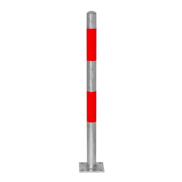 Metall-Sperrpfosten mit zwei roten Reflexstreifen und flacher quadratischer Bodenplatte, stehend auf weißem Hintergrund.