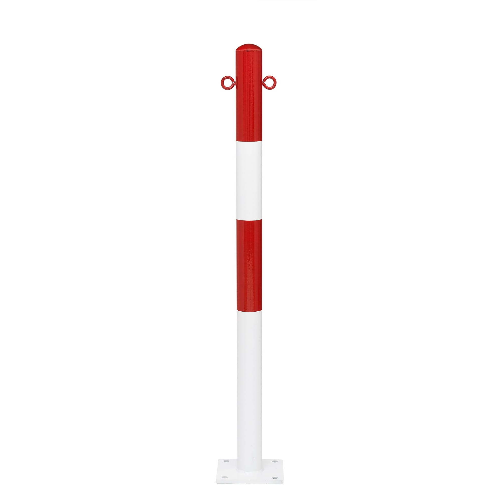 MORION-Mittelpfosten 60/1000 aus Metall, rot-weiß gestreift, zwei Rundösen oben, montiert auf quadratischem Sockel.