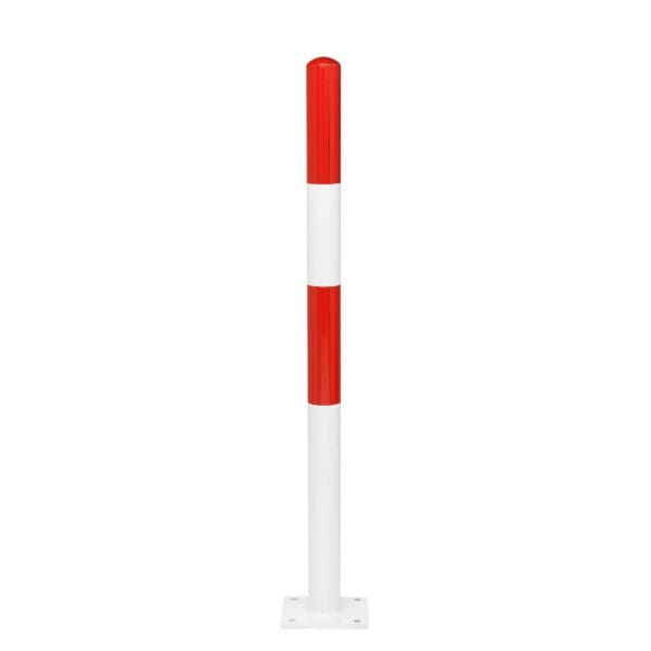 MORION-Sperrpfosten, vertikal, rot-weiß gestreift, aus Stahl, auf quadratischem Sockel befestigt; Verkehrssicherung.