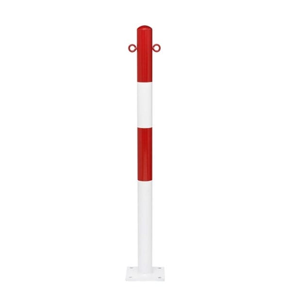 Roter und weißer Metallpoller MORION-Mittelpfosten 60/1000 mit flachem Sockel, zwei oberen Ringen, auf weißem Hintergrund.