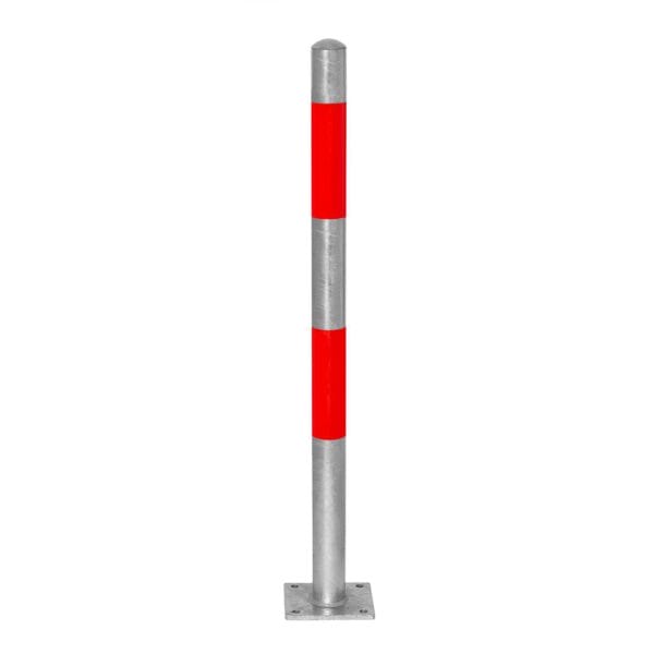 Silberner MORION-Sperrpfosten 60/1000 aus Metall mit zwei roten Reflexstreifen, quadratischem Fuß, freigestellt auf weißem Hintergrund.