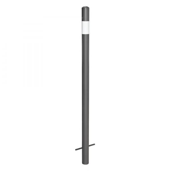 Schwarzer, zylindrischer Sperrpfosten, oben mit weißem Band, unten mit flacher Querstange, hohe, schlanke Form.