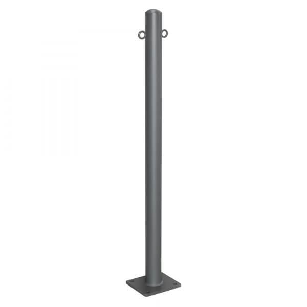 Vertikaler MORION Sperrpfosten aus Metall mit quadratischem Fuß und zwei Ringen oben, freigestellt auf weißem Hintergrund.