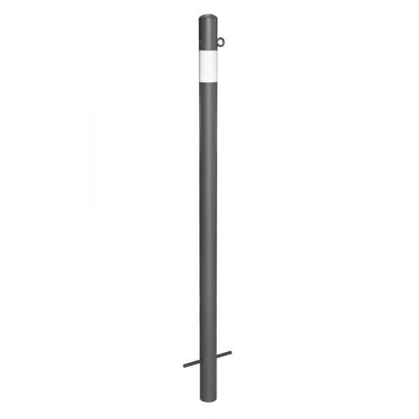 Schwarzer MORION Sperrpfosten aus Metall, senkrecht stehend, oben mit weißem Etikett und unten mit waagerechter Querstrebe.