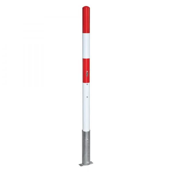 Roter und weißer Sperrpfosten aus Metall, vertikal montiert, mit zentralem Schloss, herausnehmbar, für Absperrung.
