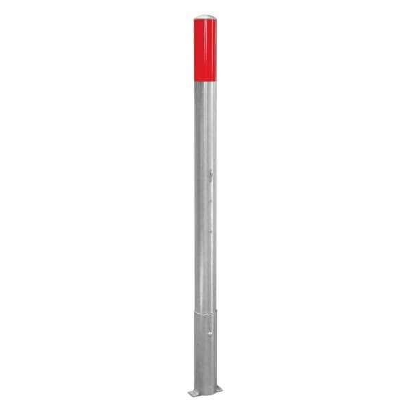 Silberner MORION Sperrpfosten aus Metall, oben rot reflektierend, steht senkrecht auf flachem Sockel, herausnehmbar.
