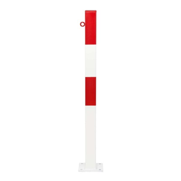 Metallpoller 70x70 mm, vertikal, rot-weiß gestreift, auf quadratischem Sockel, seitliche Ansicht.