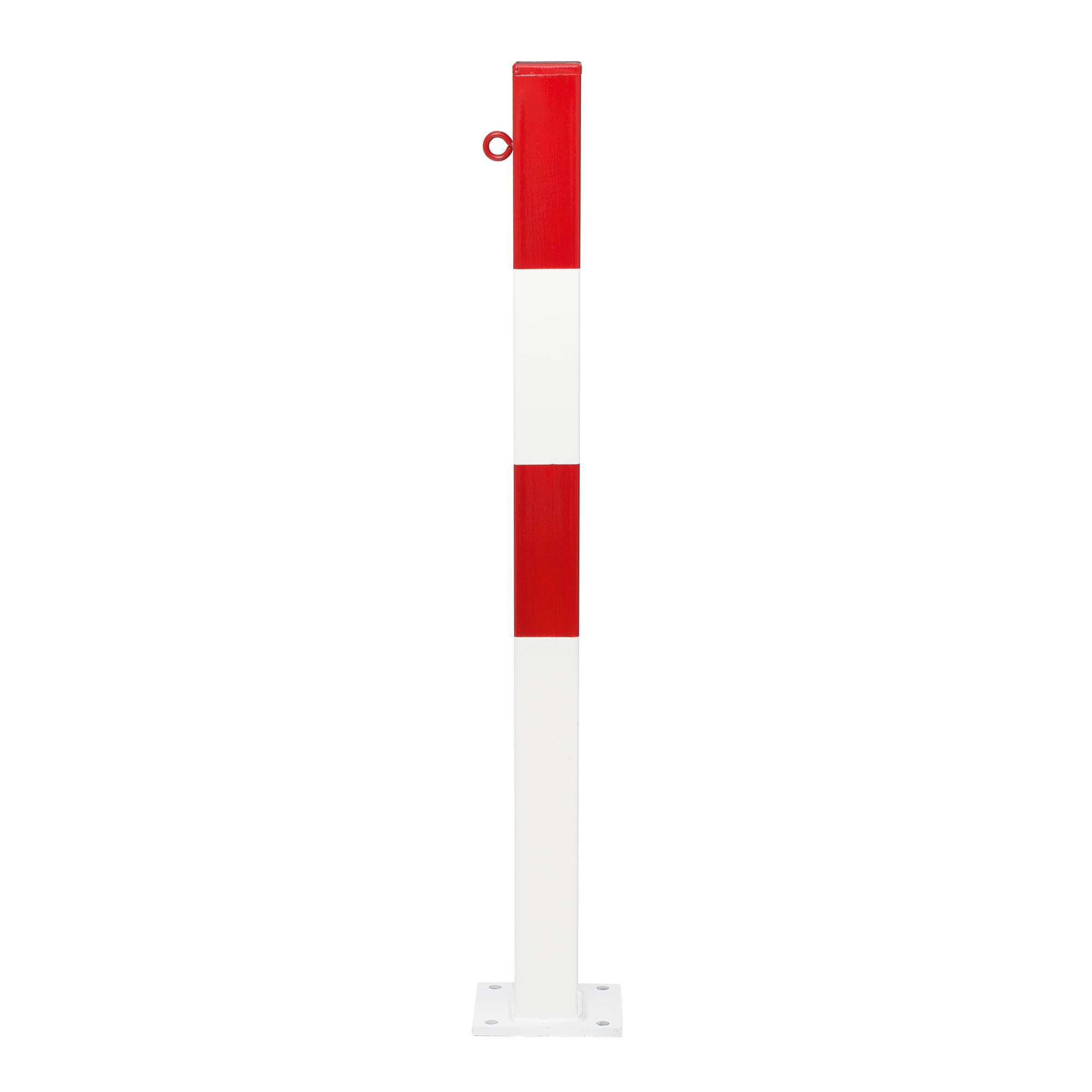 Metallpoller 70x70 mm, vertikal, rot-weiß gestreift, auf quadratischem Sockel, seitliche Ansicht.