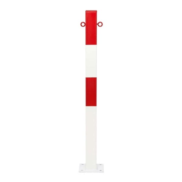 MORION-Mittelpfosten 70x70 mm aus Metall, vertikal, rot-weiß gestreift, auf quadratischem Sockel mit zwei oberen Ösen.