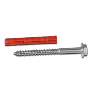 Universaldübel S12 mit Sechskantschraube 8/100, Metallschraube und rotem Dübel nebeneinander auf weißem Hintergrund.