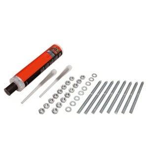 Rammschutz-Befestigungsset: 1 Adhäsivkartusche, 2 Düsen, 8 Bolzen, Unterlegscheiben und Muttern auf weißem Hintergrund.