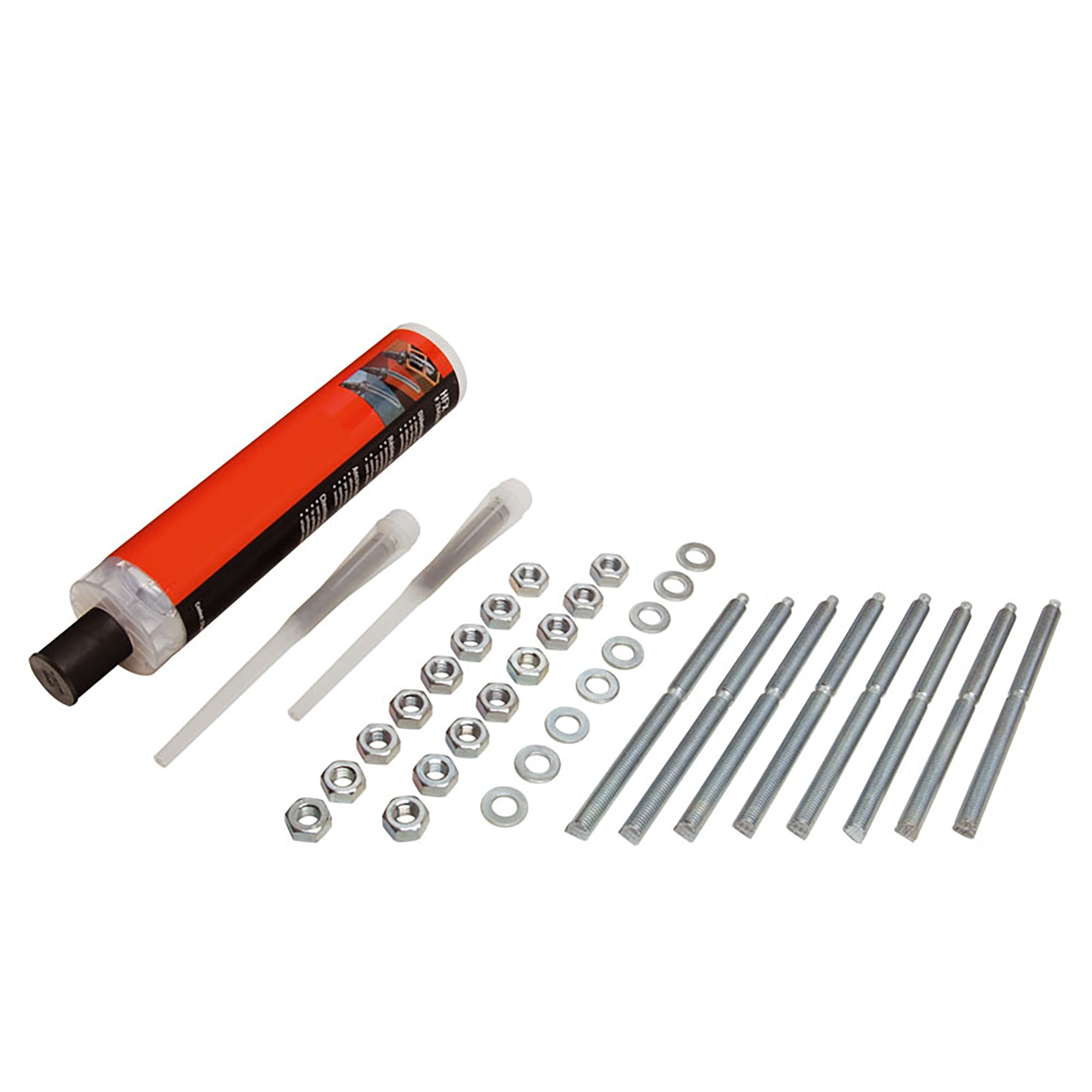 Rammschutz-Befestigungsset: 1 Adhäsivkartusche, 2 Düsen, 8 Bolzen, Unterlegscheiben und Muttern auf weißem Hintergrund.