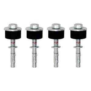 Vier Durchsteckanker FLEX Metallanker mit Unterlegscheiben und schwarzen Gummidichtungen nebeneinander auf weißem Hintergrund.