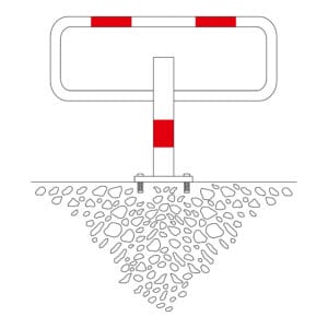 SESAM-privat-Sperrbügel mit rot-weißen Streifen, fest im Boden verankert, Basis mit Steinen stabilisiert.