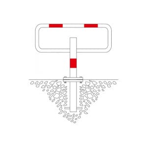 Metall-Pfosten SESAM-privat, in Kies eingebettet, mit rot-weißen reflektierenden Markierungen an Pfosten und Schranke.