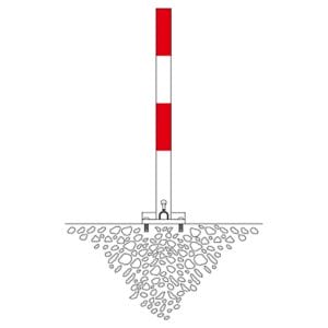 Diagramm: SESAM-A rot-weiß gestreifter Pfosten im Boden, mit Betonsockel und Steinen unter der Erdoberfläche.
