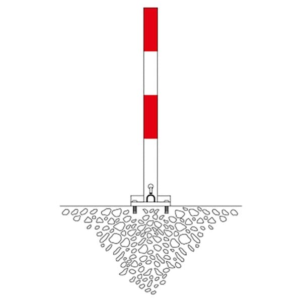 Diagramm: SESAM-A rot-weiß gestreifter Pfosten im Boden, mit Betonsockel und Steinen unter der Erdoberfläche.