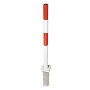 Roter und weißer PARAT B-Sperrpfosten mit Metallfuß, für Bodenmontage zur Verkehrslenkung oder Zugangssperre.