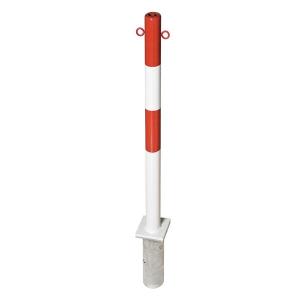 PARAT-B Sperrpfosten, rot-weiß gestreifter Metallpoller mit rechteckigem Sockel und zwei Ringen oben für Bodenmontage.