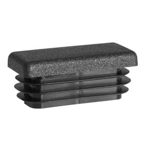 Schwarze Schmutzkappe aus Kunststoff, rechteckig mit Rillen, geeignet als Endkappe für Sperrpfosten oder Rohrenden.