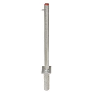 Metallischer PARAT B-Endpfosten mit quadratischer Grundplatte, Skala am Schaft und kleinem Metallring nahe der Spitze.