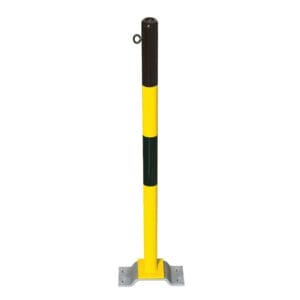 Gelb-schwarz gestreifter PARAT B-Endpfosten aus Metall mit flachem, quadratischem Fuß, stehend auf weißem Hintergrund.