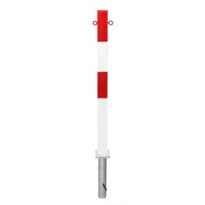 PARAT-B Sperrpfosten mit rot-weißen Streifen, Metallfuß, zwei roten Ringen oben, freigestellt auf weißem Hintergrund.