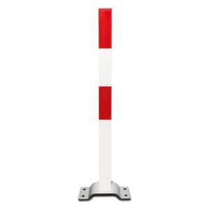 PARAT B-Absperrpfosten: Vertikaler Absperrpfosten aus Metall mit rot-weißen Streifen, auf rechteckiger Metallbodenplatte montiert.