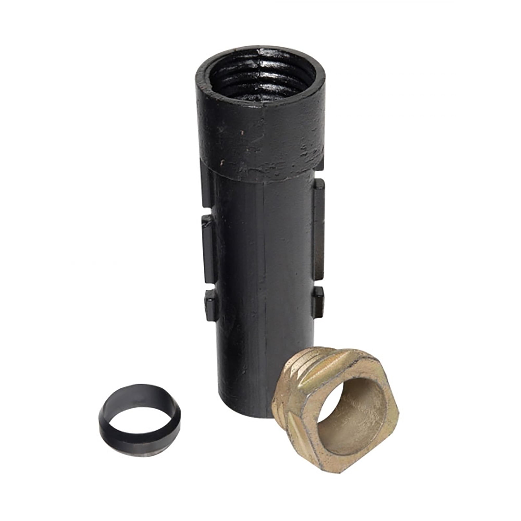 Bodenhülse aus Grauguß 60 mm Set mit schwarzem Zylinderverbinder, Metallmutter und Metallring auf weißem Hintergrund.