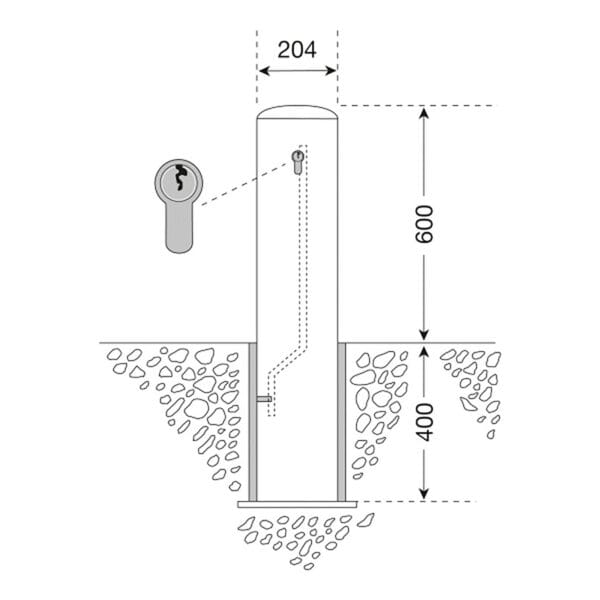 Technische Zeichnung CITY-Poller BERLIN XL, Zylinder mit Schlüsselloch, 204mm breit, 600mm oberirdisch, Sockel im Kies.