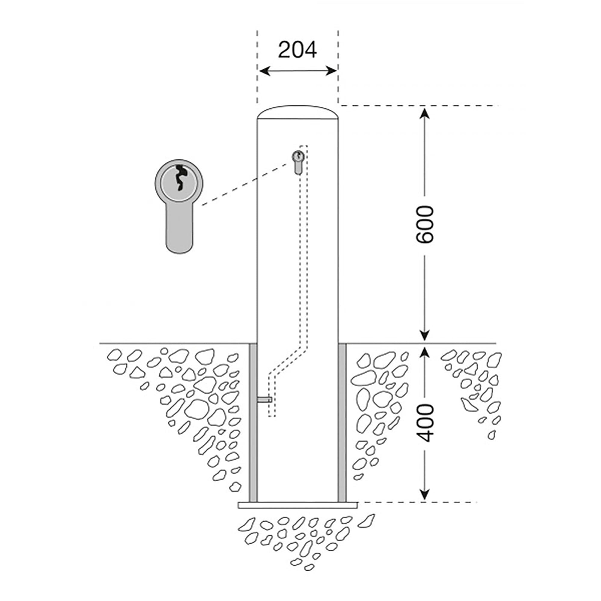 Technische Zeichnung CITY-Poller BERLIN XL, Zylinder mit Schlüsselloch, 204mm breit, 600mm oberirdisch, Sockel im Kies.