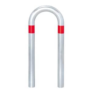 U-förmiger CITY-Schutzbügel KLEIN aus Metall mit je zwei roten Reflexstreifen oben, stehend auf weißem Hintergrund.