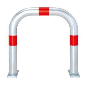 CITY-Schutzbügel Groß aus Metall, U-Form, drei rote Reflexstreifen, Bodenplatten zur Befestigung, Absperrbügel Stadtverkehr.
