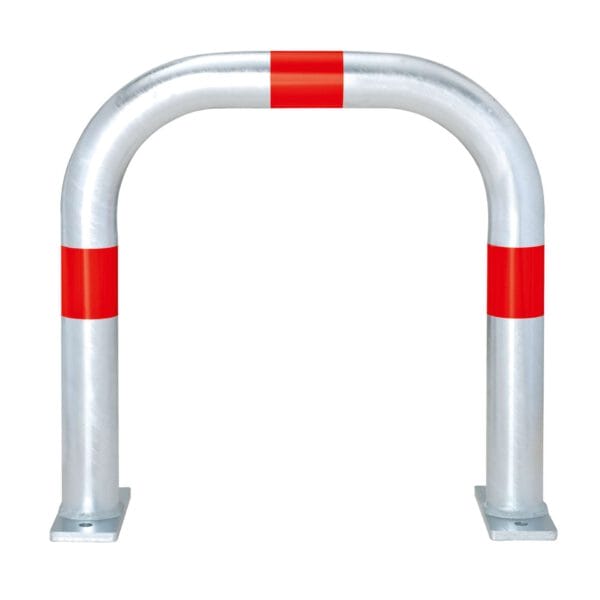 CITY-Schutzbügel Groß aus Metall, U-Form, drei rote Reflexstreifen, Bodenplatten zur Befestigung, Absperrbügel Stadtverkehr.