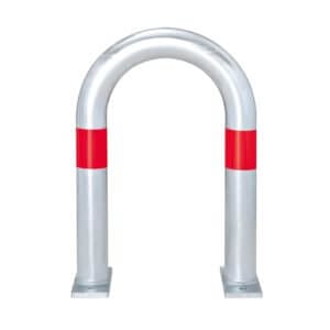 CITY-Schutzbügel KLEIN aus Metall, U-Form, rote Reflexstreifen oben an beiden Beinen, montiert auf zwei quadratischen Bodenplatten.
