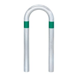 Silberner CITY-Schutzbügel KLEIN, U-förmiger Fahrradständer, grüne Markierungen oben, freigestellt auf weißem Hintergrund.