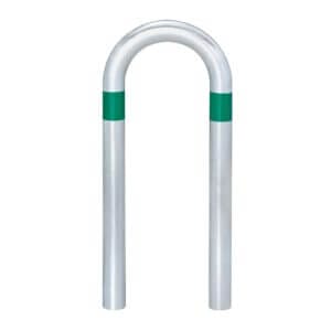 Silberner CITY-Schutzbügel KLEIN, U-förmiger Fahrradständer, grüne Markierungen oben, freigestellt auf weißem Hintergrund.