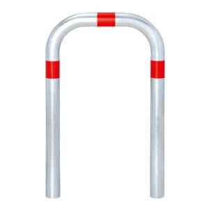 CITY-Schutzbügel GROß aus silbernem Metall, U-Form, mit je zwei roten Reflektorstreifen pro Holm und einem oben, freigestellt.