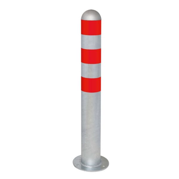 Stahlschutzpoller mit runder Kappe, drei roten Reflexstreifen, zylindrisch, auf runder Bodenplatte montiert.