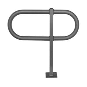 Fahrradanlehnbügel TOUR aus Metall mit ovalem Bügel, senkrechter Stütze und quadratischer Bodenplatte.