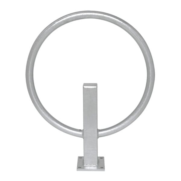Fahrradanlehnbügel GIRO aus silbernem Metall, rundes Design mit rechteckigem Sockel, Frontalansicht vor weißem Hintergrund.