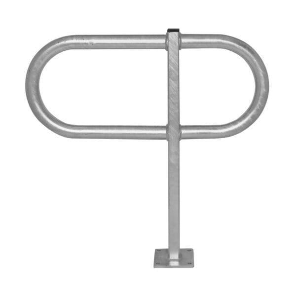 Fahrradanlehnbügel TOUR aus Metall mit ovalem Bügel und rechteckiger Bodenplatte, freigestellt auf weißem Hintergrund.