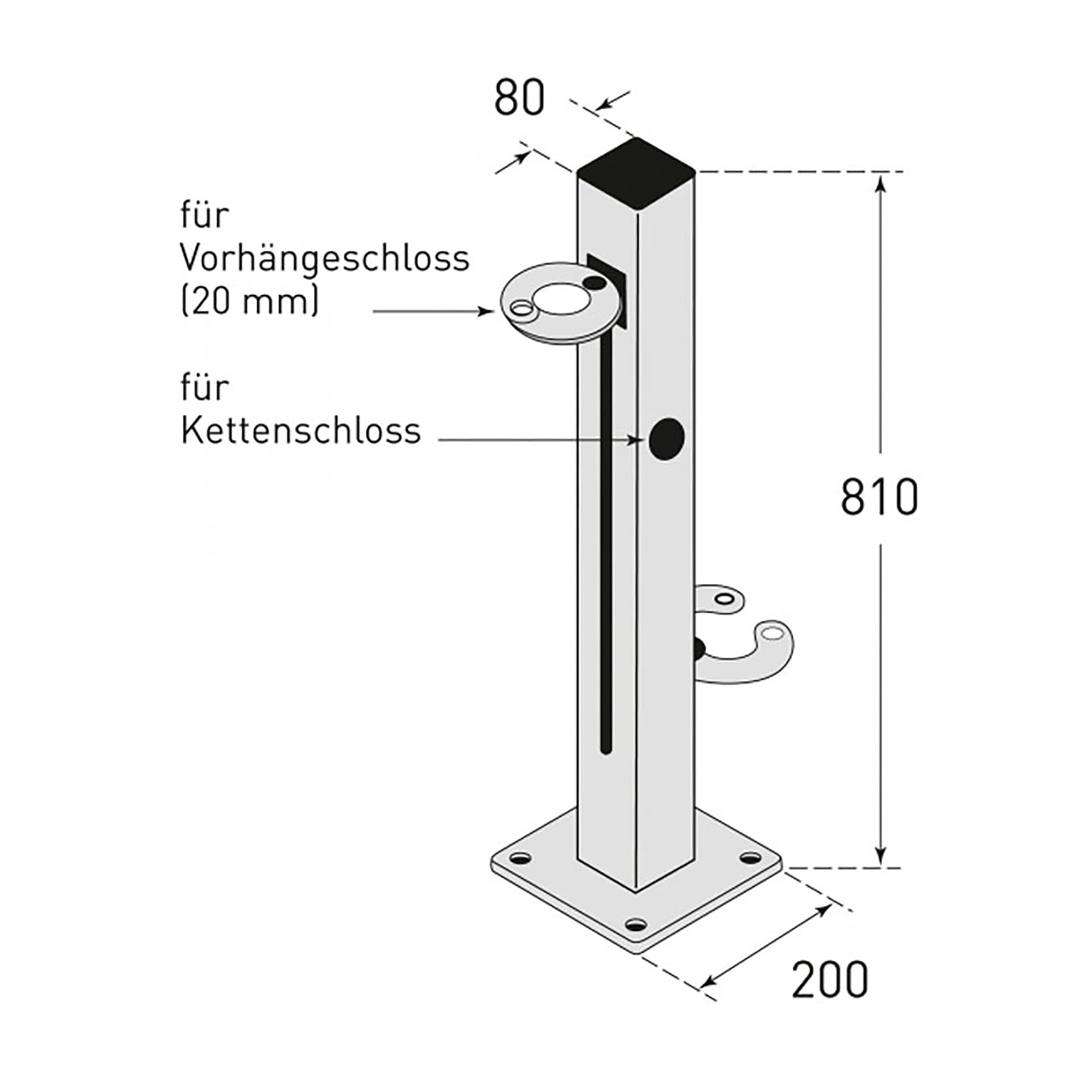 Metall-Bodenrohr zum Einbetonieren, Maße 80 mm Breite, 200 mm Fuß, 810 mm Höhe, Schlitze für 20 mm Vorhängeschloss und Kettenschloss.