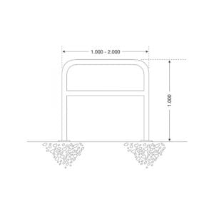 Technische Zeichnung CITY-Anlehnbügel SPRINT, Metallrahmen, zwei senkrechte Beine im Kies, Höhe 1000mm, Breite 1000-2000mm.