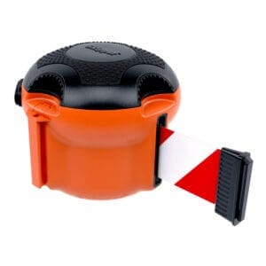 MORION Gurtkassette 50 mm/9m mit ausziehbarem, rot-weiß gestreiftem Band in orange-schwarzem Gehäuse, Absperrband.
